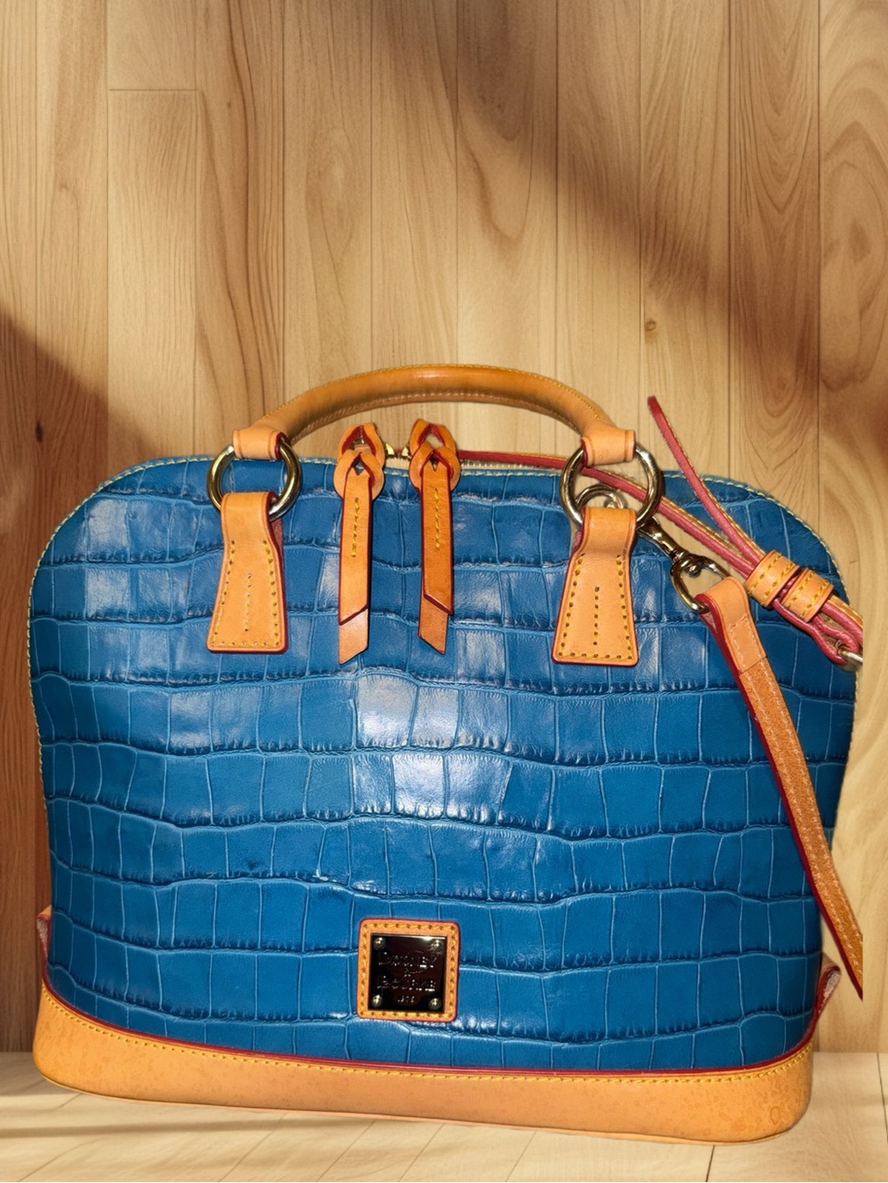 Dooney & Bourke Blue Embossed Croc Leather Satchel Crossbody Purse Large